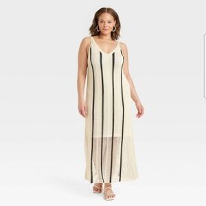 a new day | Women's Open Work Pointelle Dress Maxi Sundress, Cream/Black